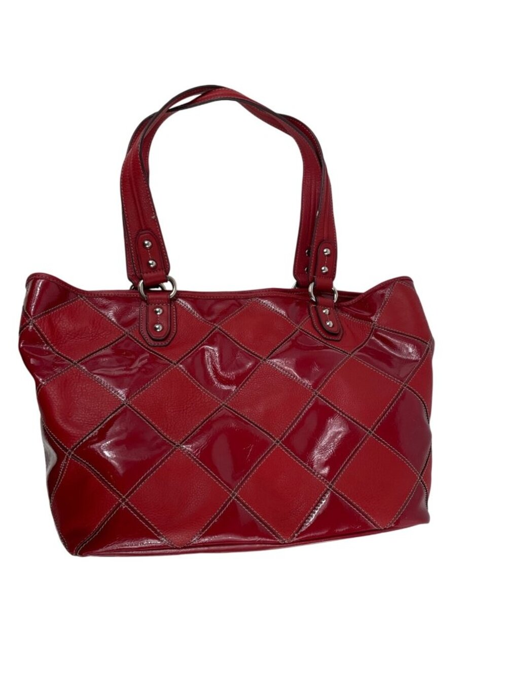 Tignanello Red Glossy Quilted Tote Bag With Dual Handles - Picture 2 of 16